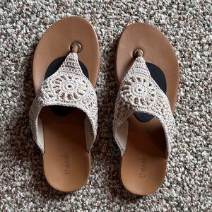 The Sak Tan and Cream Crochet Sandals